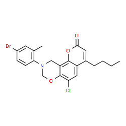 ChemSpider 2D Image | 9-(4-Bromo-2-methylphenyl)-4-butyl-6-chloro-9,10-dihydro-2H,8H-chromeno[8,7-e][1,3]oxazin-2-one | C22H21BrClNO3