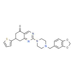 ChemSpider 2D Image | 2-[4-(1,3-Benzodioxol-5-ylmethyl)-1-piperazinyl]-7-(2-thienyl)-7,8-dihydro-5(6H)-quinazolinone | C24H24N4O3S