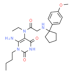 ChemSpider 2D Image | N-(6-Amino-1-butyl-2,4-dioxo-1,2,3,4-tetrahydro-5-pyrimidinyl)-N-ethyl-N~2~-[1-(4-methoxyphenyl)cyclopentyl]glycinamide | C24H35N5O4