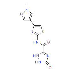 ChemSpider 2D Image | N-[4-(1-Methyl-1H-pyrazol-4-yl)-1,3-thiazol-2-yl]-5-oxo-2,5-dihydro-1H-1,2,4-triazole-3-carboxamide | C10H9N7O2S