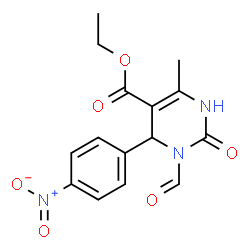 ChemSpider 2D Image | Ethyl 1-formyl-1,2,3,6-tetrahydro-4-methyl-6-(4-nitrophenyl)-2-oxo-5-pyrimidinecarboxylate | C15H15N3O6