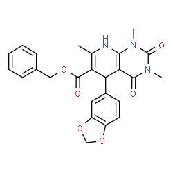 ChemSpider 2D Image | Benzyl 5-(1,3-benzodioxol-5-yl)-1,3,7-trimethyl-2,4-dioxo-1,2,3,4,5,8-hexahydropyrido[2,3-d]pyrimidine-6-carboxylate | C25H23N3O6