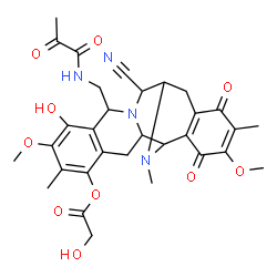 ChemSpider 2D Image | 12-Cyano-8-hydroxy-7,18-dimethoxy-6,17,21-trimethyl-16,19-dioxo-10-[(pyruvoylamino)methyl]-11,21-diazapentacyclo[11.7.1.0~2,11~.0~4,9~.0~15,20~]henicosa-4,6,8,15(20),17-pentaen-5-yl glycolate | C31H34N4O10