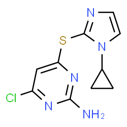 ChemSpider 2D Image | 4-Chloro-6-[(1-cyclopropyl-1H-imidazol-2-yl)sulfanyl]-2-pyrimidinamine | C10H10ClN5S