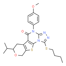 ChemSpider 2D Image | 1-(Butylsulfanyl)-7-isopropyl-4-(4-methoxyphenyl)-6,9-dihydro-7H-pyrano[4',3':4,5]thieno[3,2-e][1,2,4]triazolo[4,3-a]pyrimidin-5(4H)-one | C24H28N4O3S2