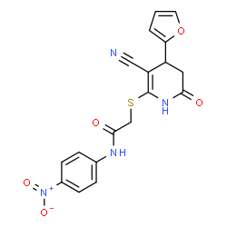ChemSpider 2D Image | 2-{[3-Cyano-4-(2-furyl)-6-oxo-1,4,5,6-tetrahydro-2-pyridinyl]sulfanyl}-N-(4-nitrophenyl)acetamide | C18H14N4O5S