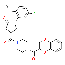ChemSpider 2D Image | 1-(5-Chloro-2-methoxyphenyl)-4-{[4-(2,3-dihydro-1,4-benzodioxin-2-ylcarbonyl)-1-piperazinyl]carbonyl}-2-pyrrolidinone | C25H26ClN3O6
