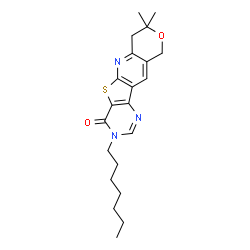 ChemSpider 2D Image | 3-Heptyl-8,8-dimethyl-7,10-dihydro-8H-pyrano[3'',4'':5',6']pyrido[3',2':4,5]thieno[3,2-d]pyrimidin-4(3H)-one | C21H27N3O2S