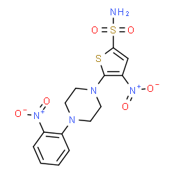 ChemSpider 2D Image | 4-Nitro-5-[4-(2-nitrophenyl)-1-piperazinyl]-2-thiophenesulfonamide | C14H15N5O6S2