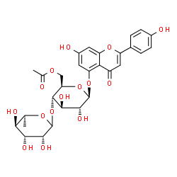 ChemSpider 2D Image | 7-Hydroxy-2-(4-hydroxyphenyl)-4-oxo-4H-chromen-5-yl 6-O-acetyl-4-O-(6-deoxy-L-mannopyranosyl)-beta-D-glucopyranoside | C29H32O15