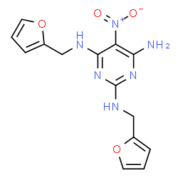 ChemSpider 2D Image | N~2~,N~4~-Bis(2-furylmethyl)-5-nitro-2,4,6-pyrimidinetriamine | C14H14N6O4