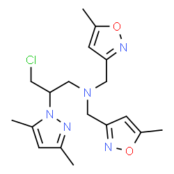 ChemSpider 2D Image | 3-Chloro-2-(3,5-dimethyl-1H-pyrazol-1-yl)-N,N-bis[(5-methyl-1,2-oxazol-3-yl)methyl]-1-propanamine | C18H24ClN5O2