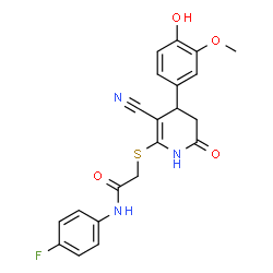 ChemSpider 2D Image | 2-{[3-Cyano-4-(4-hydroxy-3-methoxyphenyl)-6-oxo-1,4,5,6-tetrahydro-2-pyridinyl]sulfanyl}-N-(4-fluorophenyl)acetamide | C21H18FN3O4S