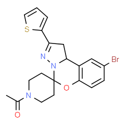 ChemSpider 2D Image | 1-[9'-Bromo-2'-(2-thienyl)-1',10b'-dihydro-1H-spiro[piperidine-4,5'-pyrazolo[1,5-c][1,3]benzoxazin]-1-yl]ethanone | C20H20BrN3O2S
