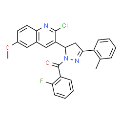 ChemSpider 2D Image | [5-(2-Chloro-6-methoxy-3-quinolinyl)-3-(2-methylphenyl)-4,5-dihydro-1H-pyrazol-1-yl](2-fluorophenyl)methanone | C27H21ClFN3O2