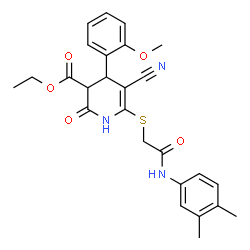 ChemSpider 2D Image | Ethyl 5-cyano-6-({2-[(3,4-dimethylphenyl)amino]-2-oxoethyl}sulfanyl)-4-(2-methoxyphenyl)-2-oxo-1,2,3,4-tetrahydro-3-pyridinecarboxylate | C26H27N3O5S