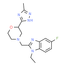 ChemSpider 2D Image | 1-Ethyl-5-fluoro-2-{[2-(3-methyl-1H-1,2,4-triazol-5-yl)-4-morpholinyl]methyl}-1H-benzimidazole | C17H21FN6O
