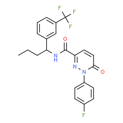 ChemSpider 2D Image | 1-(4-Fluorophenyl)-6-oxo-N-{1-[3-(trifluoromethyl)phenyl]butyl}-1,6-dihydro-3-pyridazinecarboxamide | C22H19F4N3O2