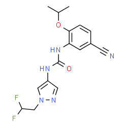ChemSpider 2D Image | 1-(5-Cyano-2-isopropoxyphenyl)-3-[1-(2,2-difluoroethyl)-1H-pyrazol-4-yl]urea | C16H17F2N5O2