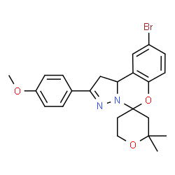 ChemSpider 2D Image | 9'-Bromo-2'-(4-methoxyphenyl)-2,2-dimethyl-1',2,3,5,6,10b'-hexahydrospiro[pyran-4,5'-pyrazolo[1,5-c][1,3]benzoxazine] | C23H25BrN2O3
