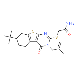 ChemSpider 2D Image | 2-{[7-tert-butyl-3-(2-methylprop-2-en-1-yl)-4-oxo-3,4,5,6,7,8-hexahydro[1]benzothieno[2,3-d]pyrimidin-2-yl]sulfanyl}acetamide | C20H27N3O2S2