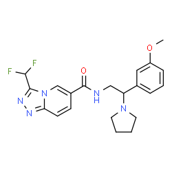 ChemSpider 2D Image | 3-(Difluoromethyl)-N-[2-(3-methoxyphenyl)-2-(1-pyrrolidinyl)ethyl][1,2,4]triazolo[4,3-a]pyridine-6-carboxamide | C21H23F2N5O2