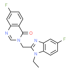 ChemSpider 2D Image | 3-[(1-Ethyl-5-fluoro-1H-benzimidazol-2-yl)methyl]-7-fluoro-4(3H)-quinazolinone | C18H14F2N4O
