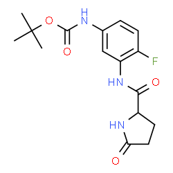 ChemSpider 2D Image | N-[2-Fluoro-5-({[(2-methyl-2-propanyl)oxy]carbonyl}amino)phenyl]-5-oxoprolinamide | C16H20FN3O4