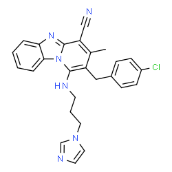 ChemSpider 2D Image | 2-(4-Chlorobenzyl)-1-{[3-(1H-imidazol-1-yl)propyl]amino}-3-methylpyrido[1,2-a]benzimidazole-4-carbonitrile | C26H23ClN6