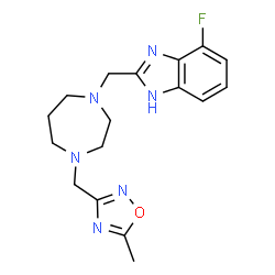 ChemSpider 2D Image | 4-Fluoro-2-({4-[(5-methyl-1,2,4-oxadiazol-3-yl)methyl]-1,4-diazepan-1-yl}methyl)-1H-benzimidazole | C17H21FN6O