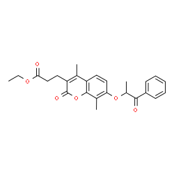 ChemSpider 2D Image | Ethyl 3-{4,8-dimethyl-2-oxo-7-[(1-oxo-1-phenyl-2-propanyl)oxy]-2H-chromen-3-yl}propanoate | C25H26O6