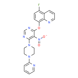 ChemSpider 2D Image | 5-Fluoro-8-({5-nitro-6-[4-(2-pyridinyl)-1-piperazinyl]-4-pyrimidinyl}oxy)quinoline | C22H18FN7O3