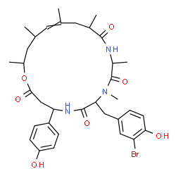 ChemSpider 2D Image | 7-(3-Bromo-4-hydroxybenzyl)-4-(4-hydroxyphenyl)-8,10,13,15,17,19-hexamethyl-1-oxa-5,8,11-triazacyclononadec-15-ene-2,6,9,12-tetrone | C34H44BrN3O7