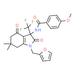 ChemSpider 2D Image | N-[1-(2-Furylmethyl)-6,6-dimethyl-2,4-dioxo-3-(trifluoromethyl)-2,3,4,5,6,7-hexahydro-1H-indol-3-yl]-4-methoxybenzamide | C24H23F3N2O5