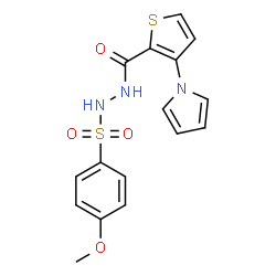 ChemSpider 2D Image | N'-[(4-Methoxyphenyl)sulfonyl]-3-(1H-pyrrol-1-yl)-2-thiophenecarbohydrazide | C16H15N3O4S2