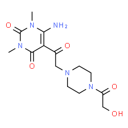 ChemSpider 2D Image | 6-Amino-5-[(4-glycoloyl-1-piperazinyl)acetyl]-1,3-dimethyl-2,4(1H,3H)-pyrimidinedione | C14H21N5O5