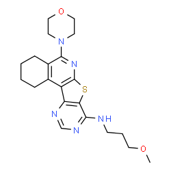 ChemSpider 2D Image | N-(3-Methoxypropyl)-5-(4-morpholinyl)-1,2,3,4-tetrahydropyrimido[4',5':4,5]thieno[2,3-c]isoquinolin-8-amine | C21H27N5O2S