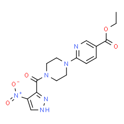 ChemSpider 2D Image | Ethyl 6-{4-[(4-nitro-1H-pyrazol-3-yl)carbonyl]-1-piperazinyl}nicotinate | C16H18N6O5