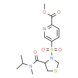 ChemSpider 2D Image | Methyl 5-({4-[isopropyl(methyl)carbamoyl]-1,3-thiazolidin-3-yl}sulfonyl)-2-pyridinecarboxylate | C15H21N3O5S2