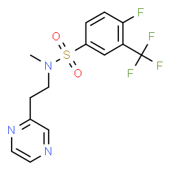 ChemSpider 2D Image | 4-Fluoro-N-methyl-N-[2-(2-pyrazinyl)ethyl]-3-(trifluoromethyl)benzenesulfonamide | C14H13F4N3O2S