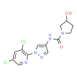 ChemSpider 2D Image | N-[1-(3,5-Dichloro-2-pyridinyl)-1H-pyrazol-4-yl]-3-hydroxy-1-pyrrolidinecarboxamide | C13H13Cl2N5O2