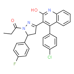 ChemSpider 2D Image | 4-(4-Chlorophenyl)-3-[5-(4-fluorophenyl)-1-propionyl-4,5-dihydro-1H-pyrazol-3-yl]-2(1H)-quinolinone | C27H21ClFN3O2