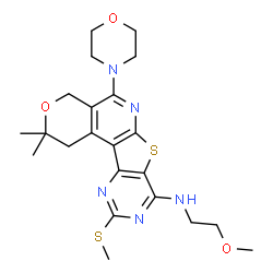 ChemSpider 2D Image | N-(2-Methoxyethyl)-2,2-dimethyl-10-(methylsulfanyl)-5-(4-morpholinyl)-1,4-dihydro-2H-pyrano[4'',3'':4',5']pyrido[3',2':4,5]thieno[3,2-d]pyrimidin-8-amine | C22H29N5O3S2
