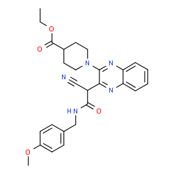 ChemSpider 2D Image | Ethyl 1-(3-{1-cyano-2-[(4-methoxybenzyl)amino]-2-oxoethyl}-2-quinoxalinyl)-4-piperidinecarboxylate | C27H29N5O4