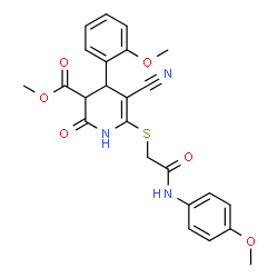 ChemSpider 2D Image | Methyl 5-cyano-4-(2-methoxyphenyl)-6-({2-[(4-methoxyphenyl)amino]-2-oxoethyl}sulfanyl)-2-oxo-1,2,3,4-tetrahydro-3-pyridinecarboxylate | C24H23N3O6S