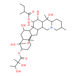 ChemSpider 2D Image | 4,7,14,16,20-Pentahydroxy-15-[(2-methylbutanoyl)oxy]-4,9-epoxycevan-3-yl 2,3-dihydroxy-2-methylbutanoate | C37H59NO12