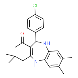 ChemSpider 2D Image | 11-(4-Chlorophenyl)-3,3,7,8-tetramethyl-2,3,4,5,10,11-hexahydro-1H-dibenzo[b,e][1,4]diazepin-1-one | C23H25ClN2O