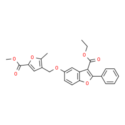 ChemSpider 2D Image | Ethyl 5-{[5-(methoxycarbonyl)-2-methyl-3-furyl]methoxy}-2-phenyl-1-benzofuran-3-carboxylate | C25H22O7