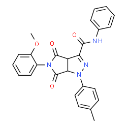 ChemSpider 2D Image | 5-(2-Methoxyphenyl)-1-(4-methylphenyl)-4,6-dioxo-N-phenyl-1,3a,4,5,6,6a-hexahydropyrrolo[3,4-c]pyrazole-3-carboxamide | C26H22N4O4