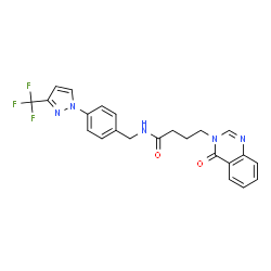ChemSpider 2D Image | 4-(4-Oxo-3(4H)-quinazolinyl)-N-{4-[3-(trifluoromethyl)-1H-pyrazol-1-yl]benzyl}butanamide | C23H20F3N5O2